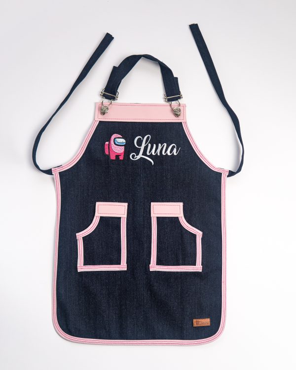 Delantal personalizado en jean para niño(Nombre y Figura) - Bolsillo Gemelo